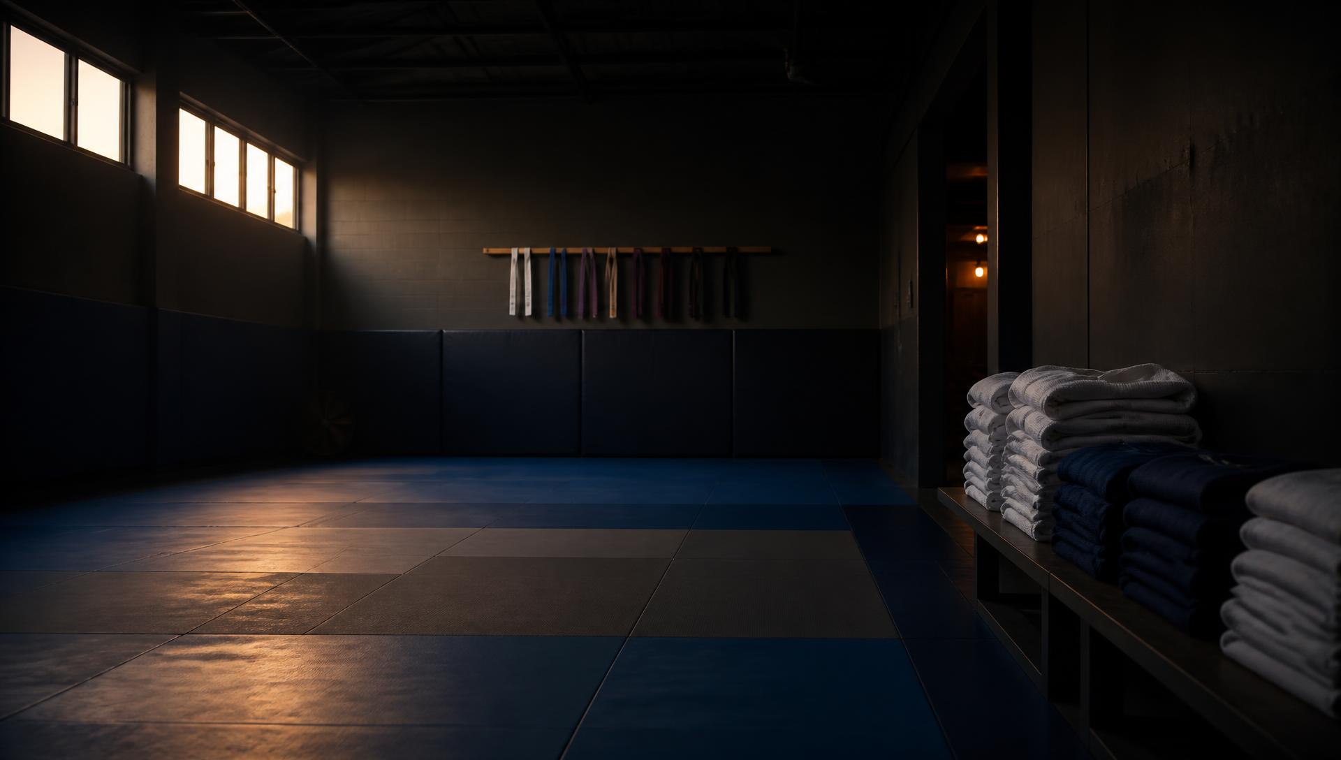 Quiet Brazilian Jiu-Jitsu academy at dusk with tatami mats, a belt rack and folded gis