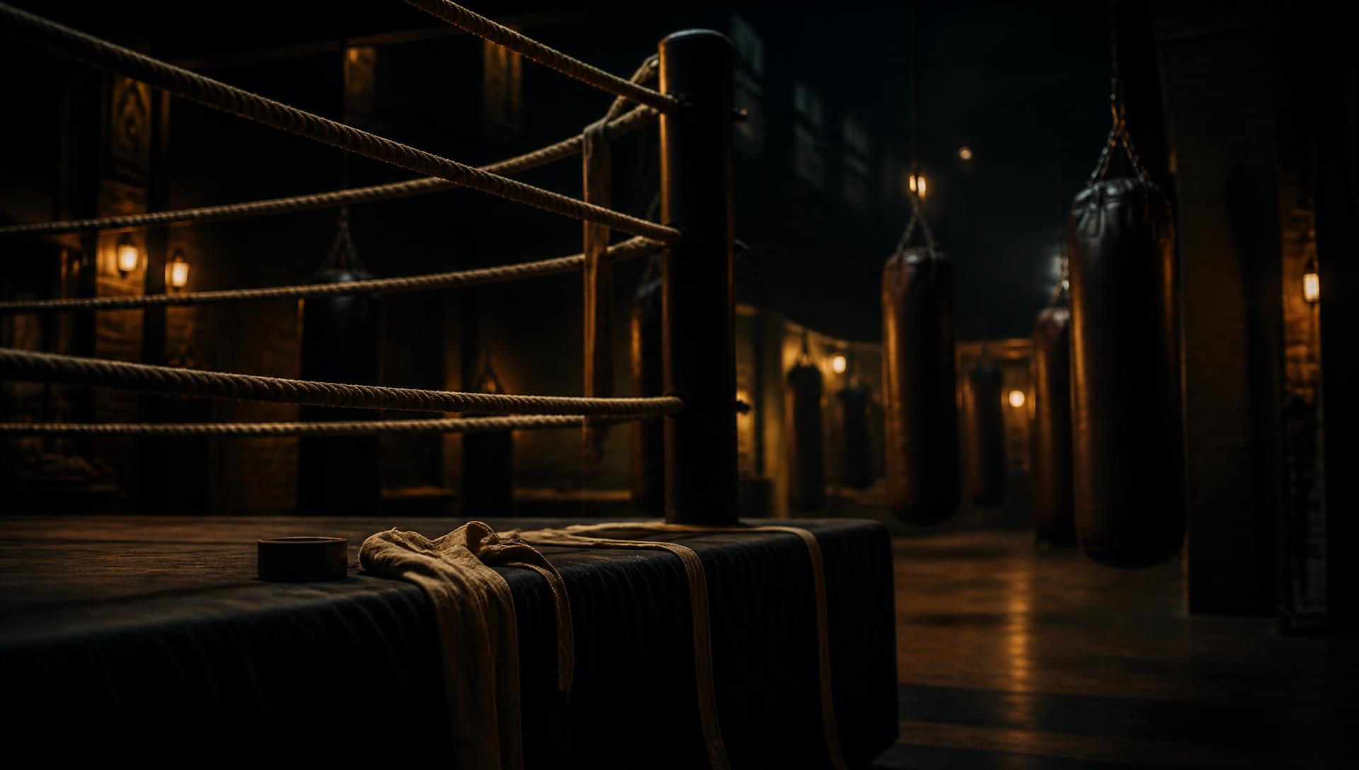 Empty British boxing gym at night with ring ropes, hand wraps and heavy bags