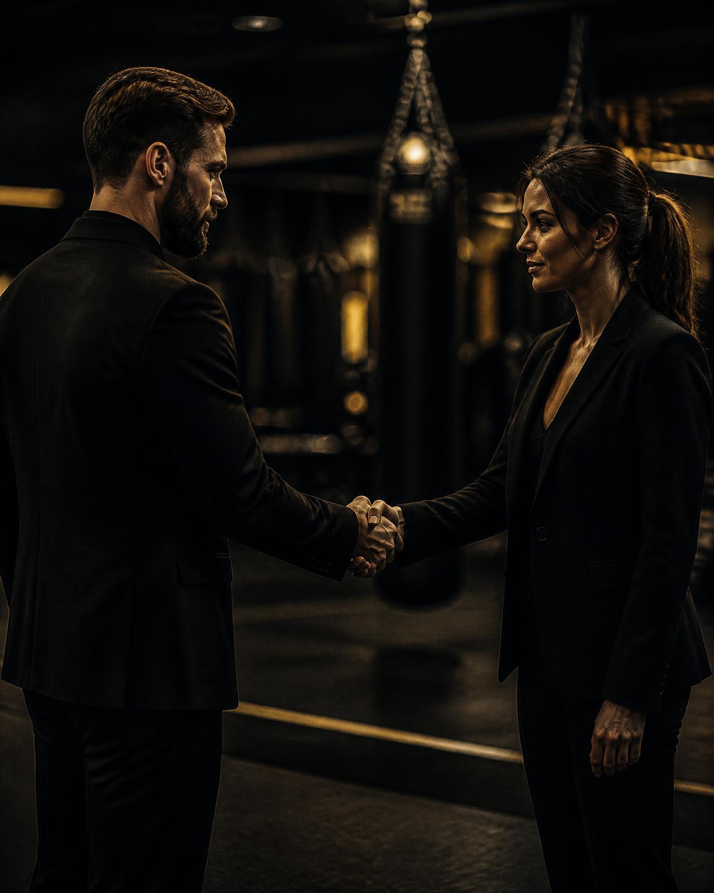 Two professionals shaking hands on the edge of a gym training floor