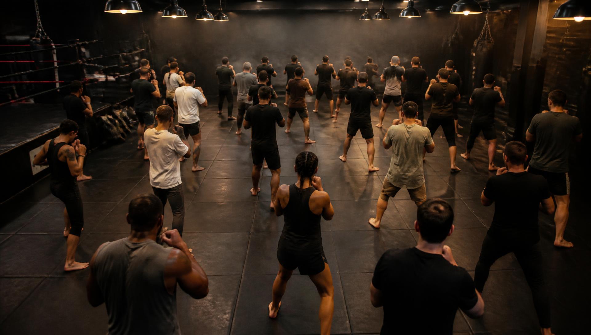 A large group class shadow-boxing in rows inside a dark combat sports gym