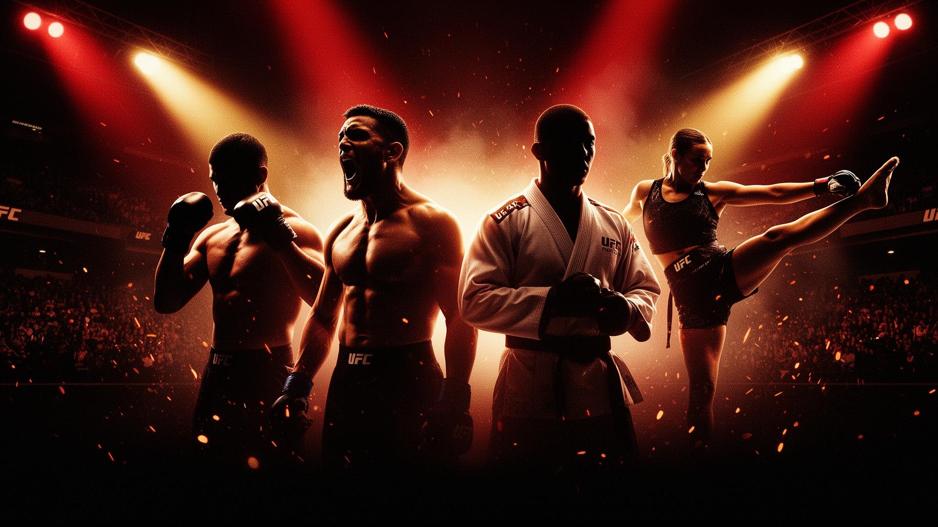 Combat sports athletes silhouetted under stadium lights