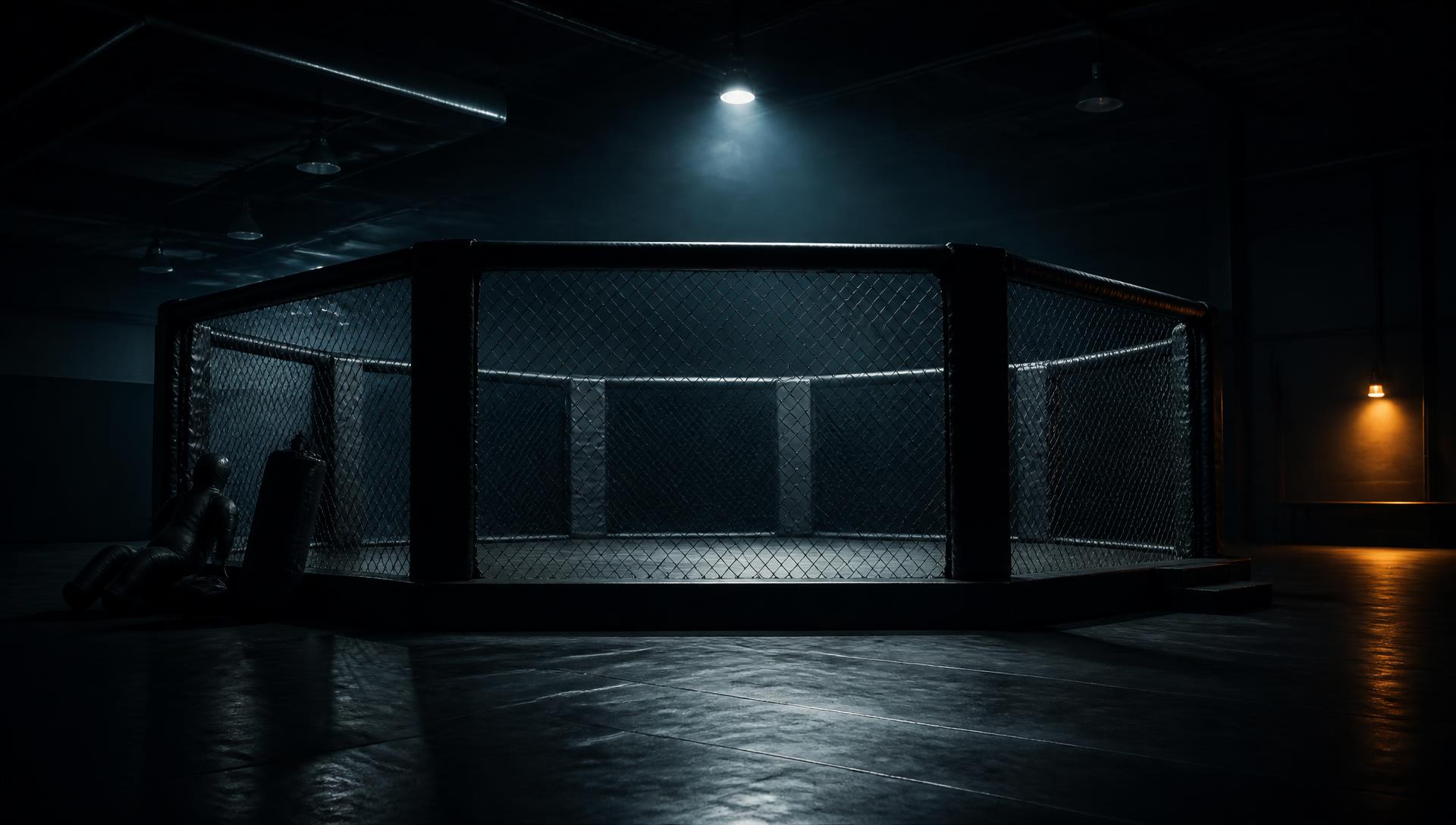 Empty MMA training cage under a single overhead light in a dark industrial gym